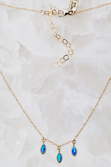 tiny gold teal blue opal necklace